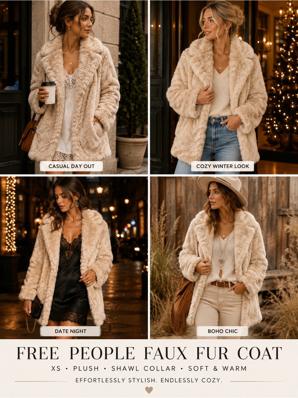 A strong title would be: Free People XS Ivory Faux Fur Plush Teddy Coat Shawl Co